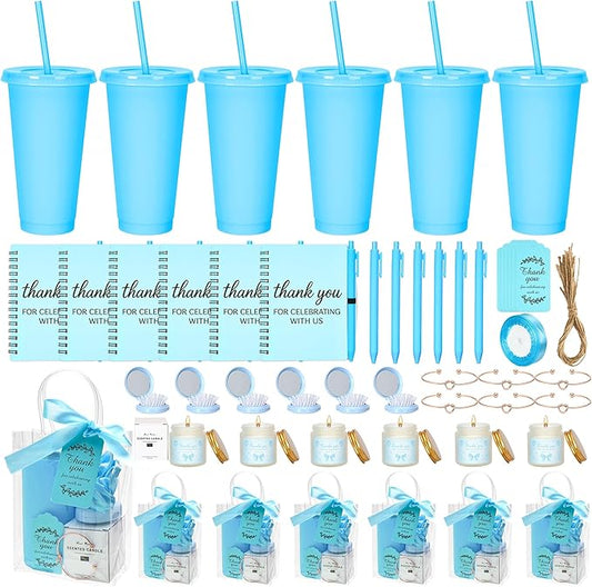 68Pcs Baby Shower Prizes, 6 Sets Baby Shower Favors Gifts for Game Winners Including Plastic Tumbler Notebook Scented Candles Pen Mirrors with Hair Brushes Bracelet Gift Bag for Wedding Bridal Favors