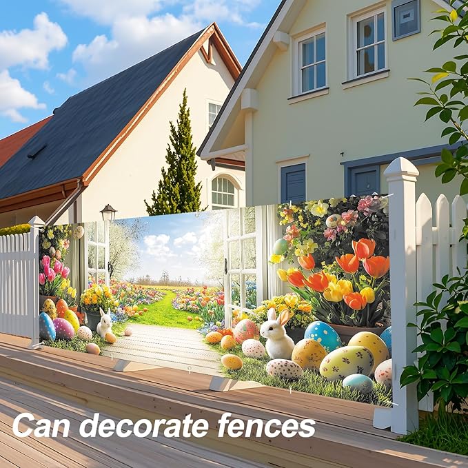 Easter Garden View Garage Door Banner 7x16FT, Spring Flowers, Easter Eggs & Bunnies, Outdoor Decoration for Yard, Garage & Front Door