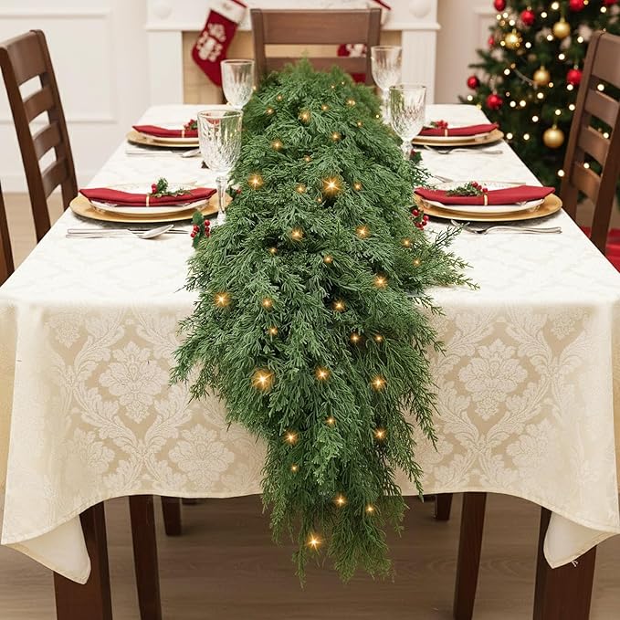Cedar Christmas Garland for Mantle - 2 Pack Decorations with Lights 9 ft Realistic Lighted Faux Pine Garlands for Xmas Indoor Outdoor Prelit Decoration 9ft Garland for Door Stairs Railing Fireplace