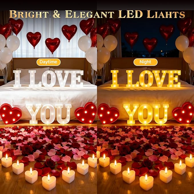 73 PCS I Love You Light Up Letters Set, with 30 Tea Lights Candles, Rose Petals, Round Pearlescent Balloon, Aluminum Balloons, Romantic Valentine's Day Wedding Engagement Birthday Party Decoration