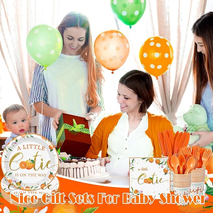 Dandat 350 Pcs Baby Shower Plates Set Baby Shower Party Supplies Serves 50 Tableware Sets Include Plates Napkin Cup Forks Knives Spoons Disposable Dinnerware(Little Cutie,Orange)