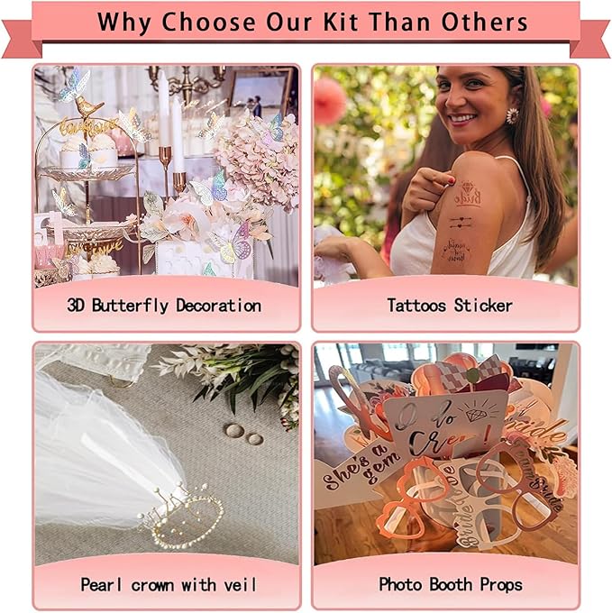 224 Pcs Rose Gold Bachelorette Party Decorations for Bride, Bridal Shower Party Supplies Set with "Bride To Be" Banner, Veil, Tiara, Sash, Balloons, Tableware and Photo Props