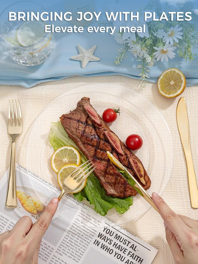 WDF 200PCS Clear Plastic Plates for Party - Heavy Duty Clear Disposable Plates - 100 x 10 Dinner Plate and 100 x 7 Dessert/Cake Plastic Plate for Weddings/Traval/Party/BBQ/Events