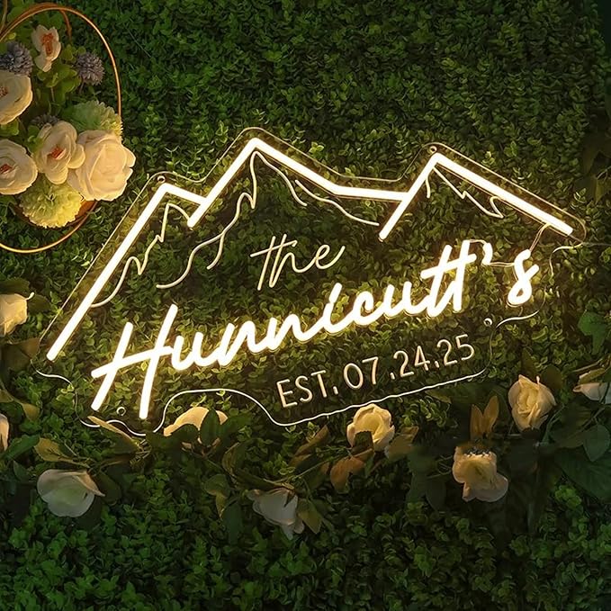 Custom Mountain Theme Wedding Neon Sign Personalized Family Name Established LED Neon Light Wedding Engagement Grass Wall Backdrop Decor Home Wall Décor
