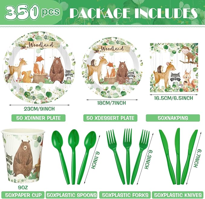Dandat 350 Pcs Baby Shower Plates Set Baby Shower Party Supplies Serves 50 Tableware Sets Include Plates Napkin Cup Forks Knives Spoons Disposable Dinnerware(Woodland,Green)