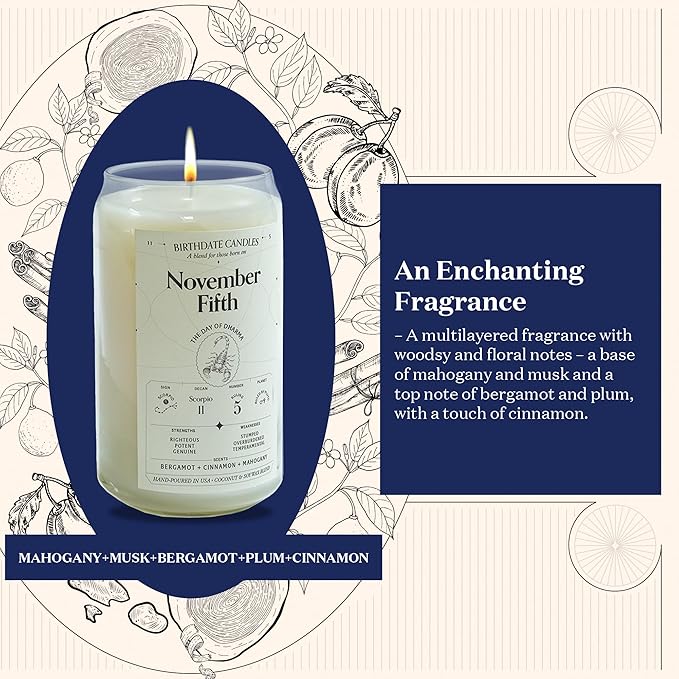 Birthdate Candles, November 5 - Scorpio Zodiac Scented Candles Birthday Gift - Bergamot, Cinnamon & Mahogany Scent - All-Natural Soy & Coconut Wax, 60-80 Hour Burn Time - Made in USA