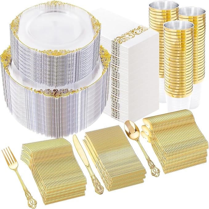 YOUBET 700PCS Clear Gold Plastic Plates - Elegant Gold Plastic Dinnerware Set Include 200 Disposable Plates, 300 Heavy Duty Silverware, 100 Cups, 100 Napkins for Wedding Party