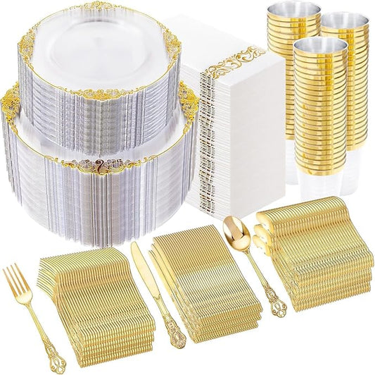 YOUBET 700PCS Clear Gold Plastic Plates - Elegant Gold Plastic Dinnerware Set Include 200 Disposable Plates, 300 Heavy Duty Silverware, 100 Cups, 100 Napkins for Wedding Party