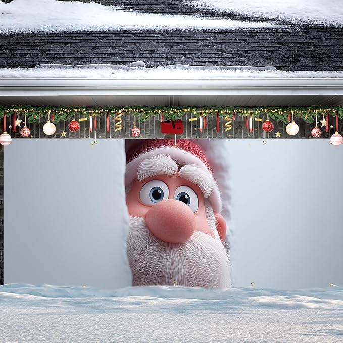 Christmas Garage Door Banner 7x16FT, Santa Claus Peeking Through Wall, Large Outdoor Xmas Garage Door Cover, Decoration for Driveways, Holiday Parties and Winter Wonderland