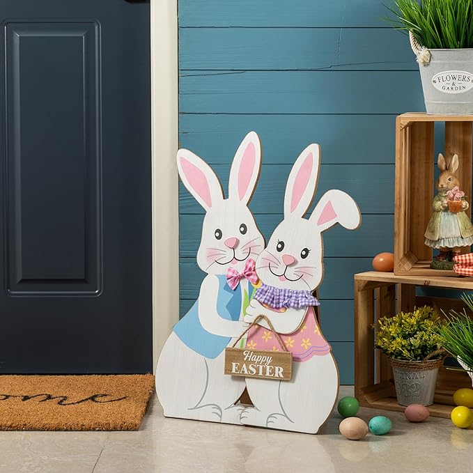 Glitzhome Set of 2 24"H Easter Wooden Bunny Porch Decor,Vertical Welcome Sign for Front Door Outdoor Spring Easter Party Decor