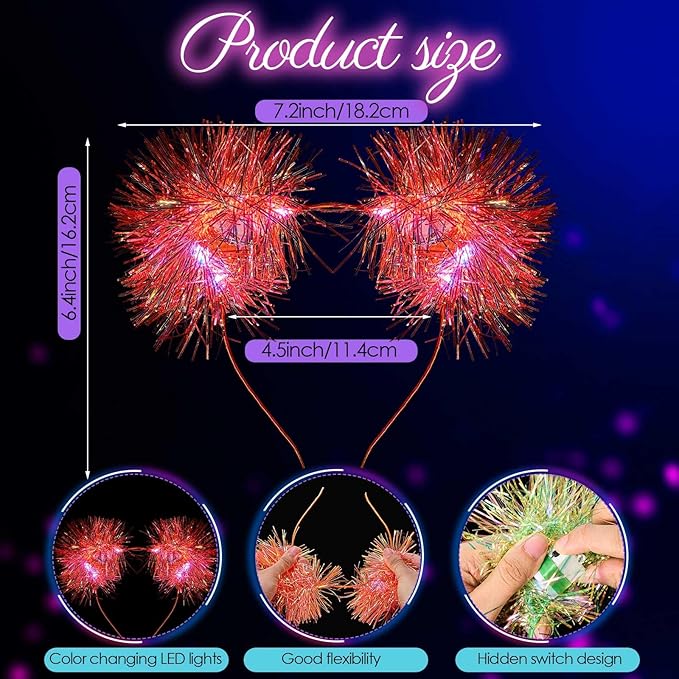 Juexica 16 Pcs Light up Cat Ears Headband with Color Change LED Cat Headband Rave Hair Accessories for New Year Party(Bright Color)