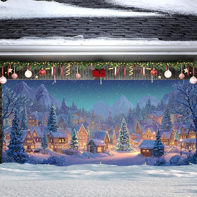 Christmas Garage Door Banner 7x16FT Winter Village Scene, Large Snowy Town Garage Door Cover, Outdoor Xmas Decoration Backdrop for Yard, Driveway & Holiday Parties