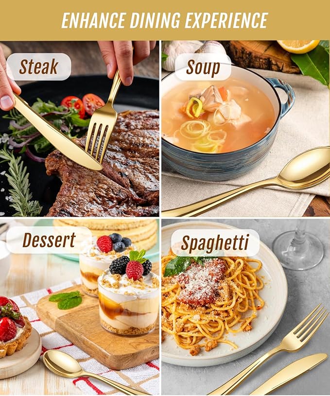 bUCLA 600 Pieces Gold Plastic Silverware - Disposable Gold Utensils - Heavy Duty Plastic Cutlery set- 200 Forks, 200 Spoons, 200 Knives for Party & Wedding