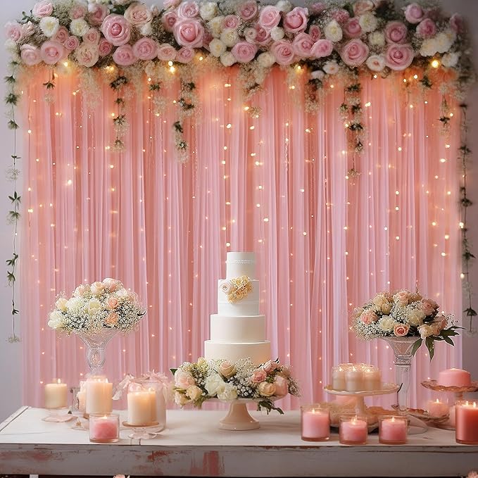30x10ft Dusty Rose Tulle Backdrop Curtain with Lights String for Parites, Sheer Photo Backdrop Curtains with Lights for Wedding Backdrop Ceremony Reception Bridal Shower Baby Shower Birthday Party