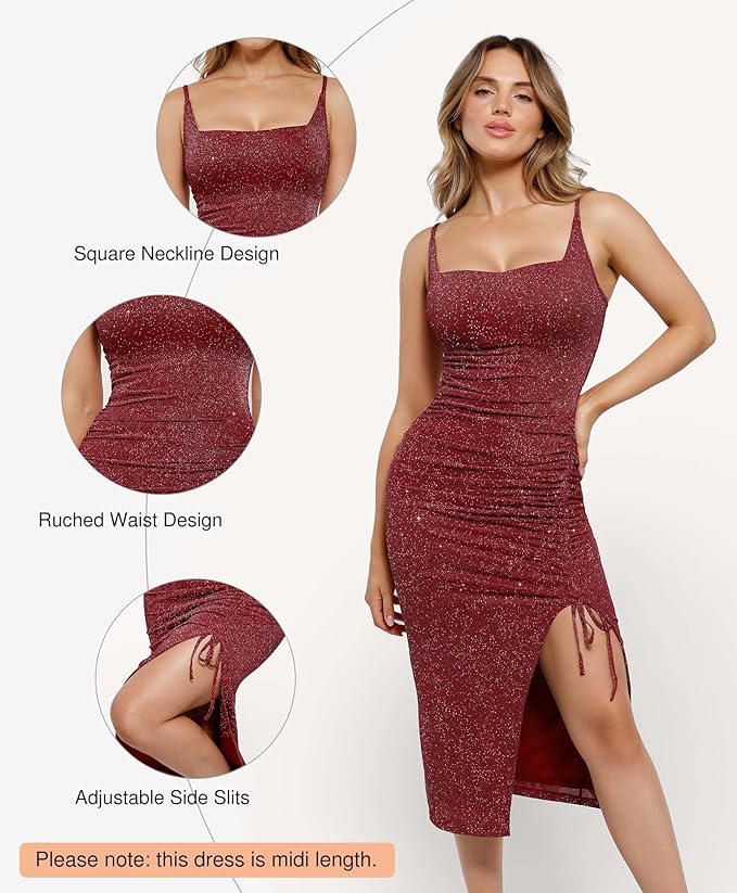 Popilush Shapewear Midi Dress Women's Sparkly Formal Wedding Guest Cocktail Dresses Fall Square Neck Ruched Dress Side Slit