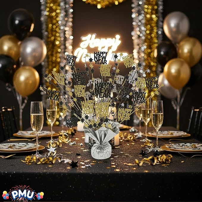 PMU 6Pc New Year's Eve Bursting Centerpiece for Table Decor, Table Balloon Weights| for Theme Party Decorations Supplies Silver |15in