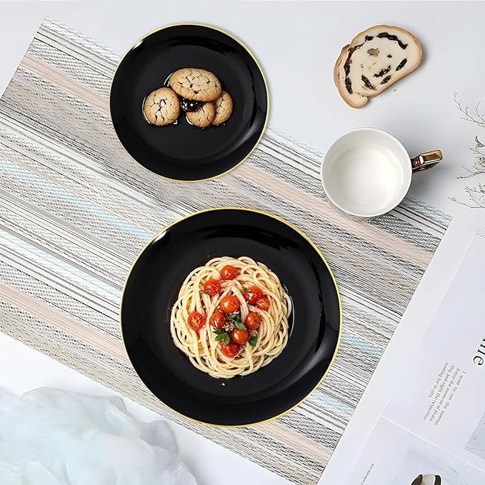 KIRE 350 PCS Plastic Dinnerware Set for 50 Guests - Black and Gold Plates 50 for Dinner 50 for Dessert & 50 Pre Rolled Napkins with Disposable Silverware 50 Cups for New Year/Banquet/Wedding