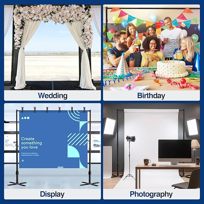 EMART Backdrop Stand Heavy Duty 10x10Ft, Pipe and Drape Photo Background Photography Kit, Adjustable Metal Frame with X-Shaped Base for Wedding Birthday Party Decoration-Black
