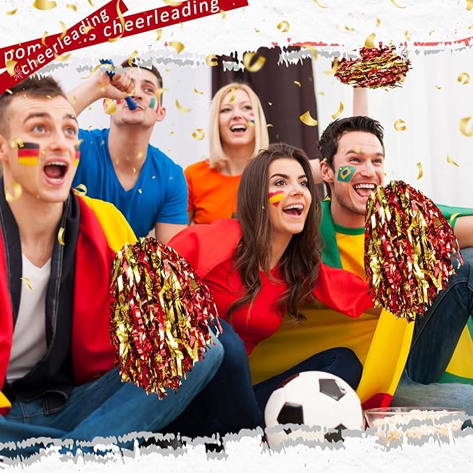 Hanaive 100Pcs Metallic Cheerleading Pom Poms with Baton Handle Cheerleader Pompom Foil 30g Cheering Squad Hand Flowers for Adults Team Spirit Sports Party Cheering