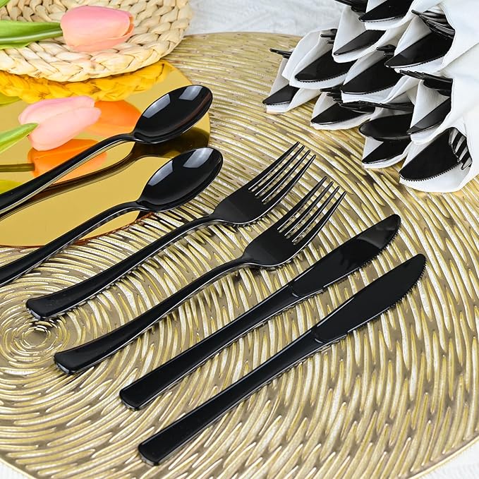100Pack Black Plastic Silverware, Disposable Plastic Silverware with Napkins, Pre Rolled Black Spoons Forks Knives wiht Napkins, Heavy Duty Wrapped Cutlery Set for Party Wedding