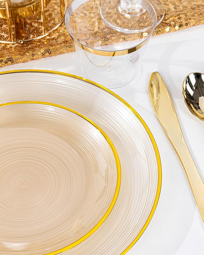 Morejoy 60Pcs Brown Plastic Plates,Brown Disposable Plates With Gold Rim, Gold Party Dinnerware Set Include 30 Dessert plates,30 Dinner plates for Party,Thanksgiving