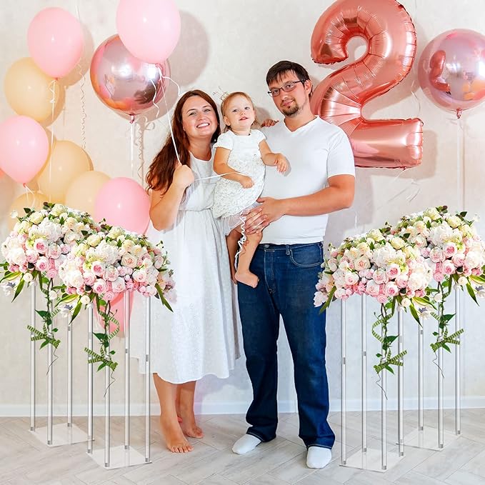 Geetery 4 Pieces 28 Inch Tall Acrylic Vase Wedding Centerpieces Clear Flower Stand Column Geometric Floral Vase Elegant Display Holder for Birthday Party Wedding Table Decorations