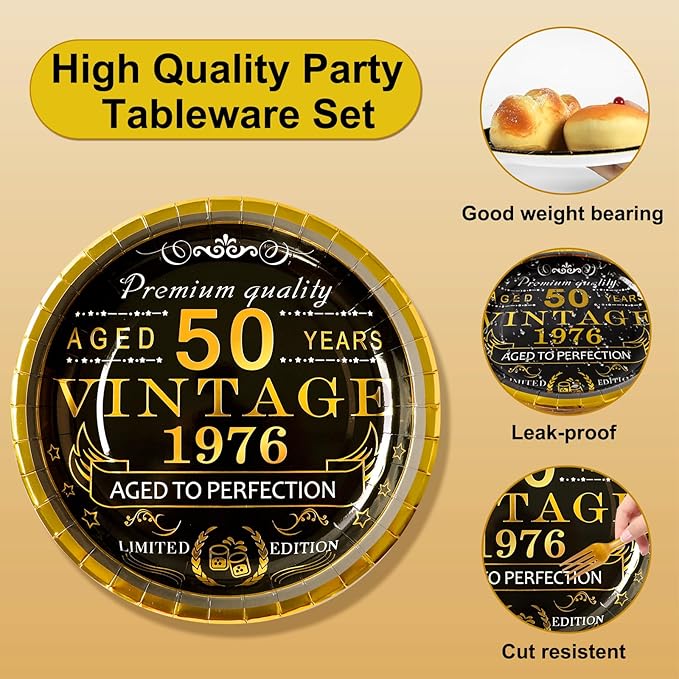 50th Birthday Decorations for Men Women, 103 PCS Back in 1976 Decorations, Vintage 50th Birthday Party Tableware Set for men,Backdrops,Card, banner, paper Poms,Hanging Swirl, Tableware for 24 Guests