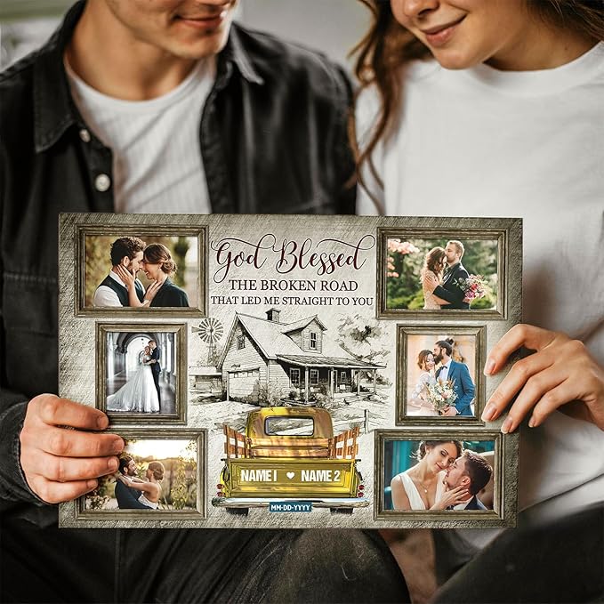 Dem Canvas Personalized Couple Canvas Prints, Custom Love Photo And Name, Beautiful Farmhouse God Blessed The Broken Road, Wedding Gifts For Couple Anniversary Valentines Engagement Gift For Couples