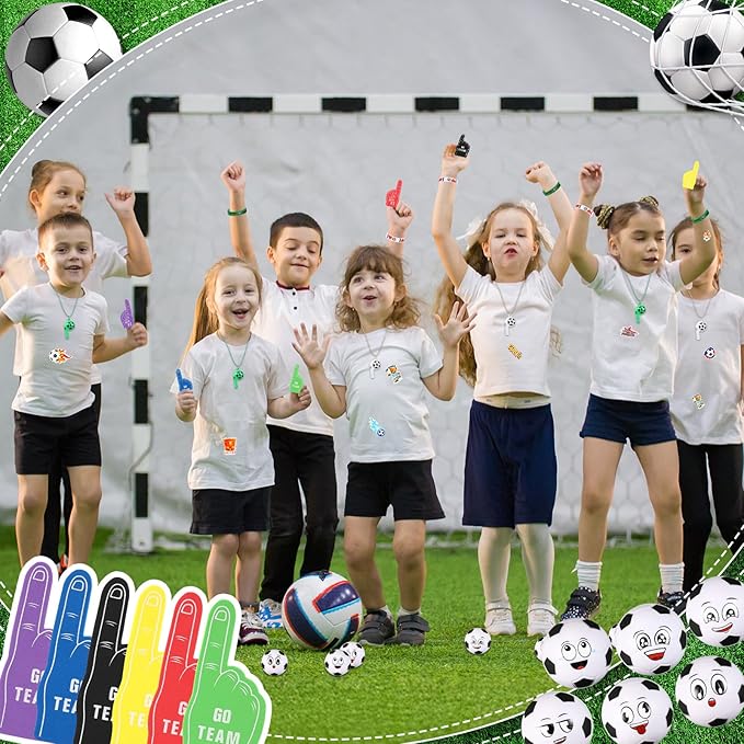 Maxdot 194 Pcs Soccer Party Favors 24 Set Soccer Goodie Foam Finger Mini Face StressBall Keychain Bracelet Wristband Whistle Sticker for Kids Birthday Party Supplies Gift