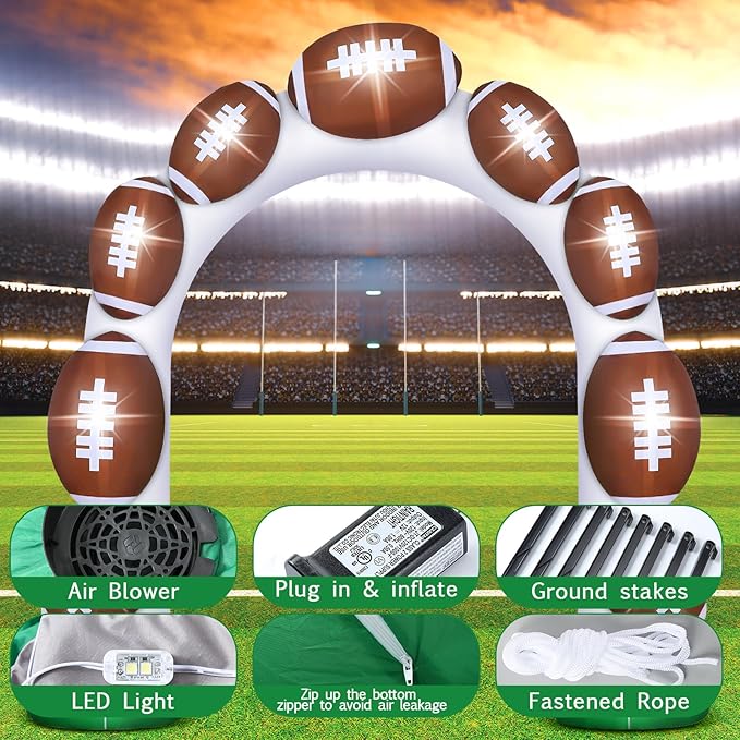 Jenaai 8ft Giant Football Inflatable Arch Blow up Touchdown Inflatable Outdoor Yard Decorations with Built in LED Lights Football Birthday Party Decor for Game Day Tailgate Fans Sports Party Supplies