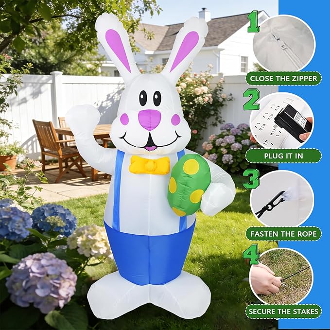 Dearsun 6.2FT Easter Inflatable Bunny Blow up Outdoor Yard Decorations Giant Bunny Holding Easter Egg with LED Lights for Holiday Party Indoor Outdoor Decor