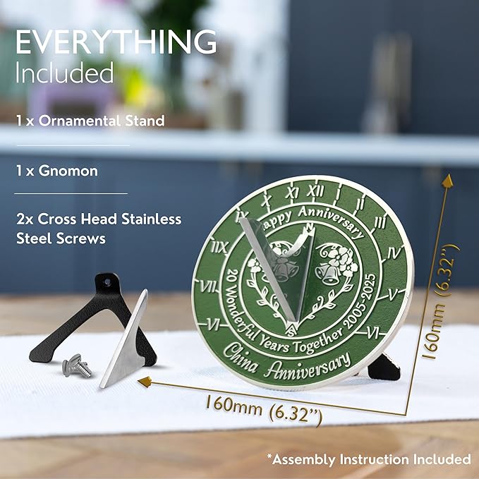 Anniversary Sundial Gift for 20th China Wedding Anniversary in 2025 - Recycled Metal Home Decor Or Garden Present Idea - Handmade in UK for Him, Her Parents Or Couples 20 Year Celebration