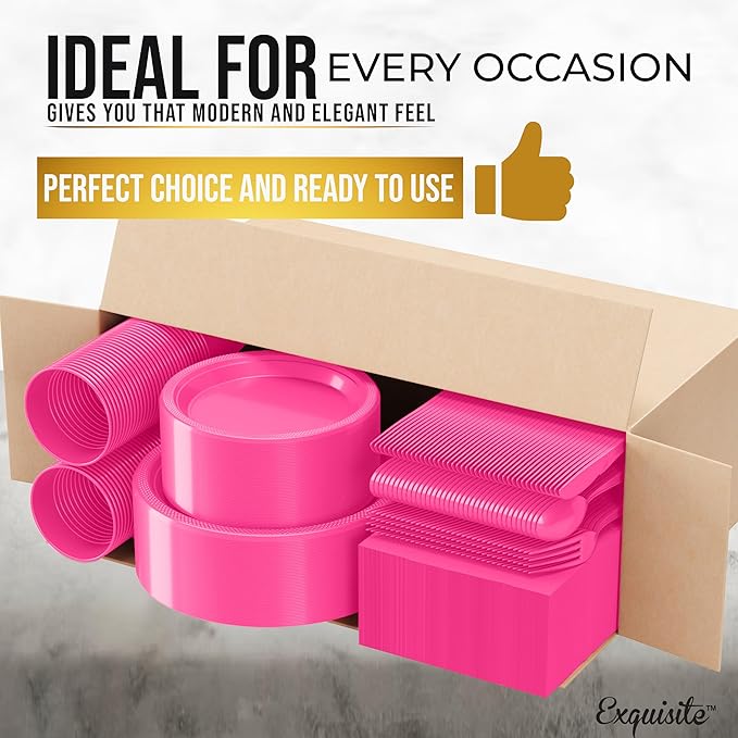 350 Pcs Cerise Plastic Plates For Party, Cerise Disposable Plates Set, 50 Of Each 9" Dinner Plate Set, 7" Dessert Plate, Cups, Napkins & Cutlery Plastic Dinnerware Exquisite
