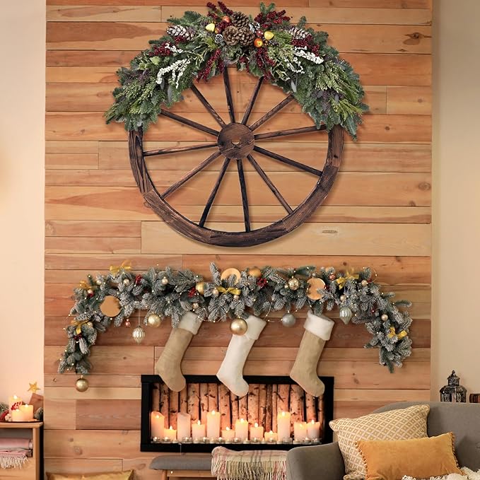 Tangkula 30" Decorative Wooden Wheels Set of 2, Decorative Wall Fir Wood Treated by Carbonization, Vintage Wagon Wheels for Garden, Bar, Restaurant Decoration (2 Pack)