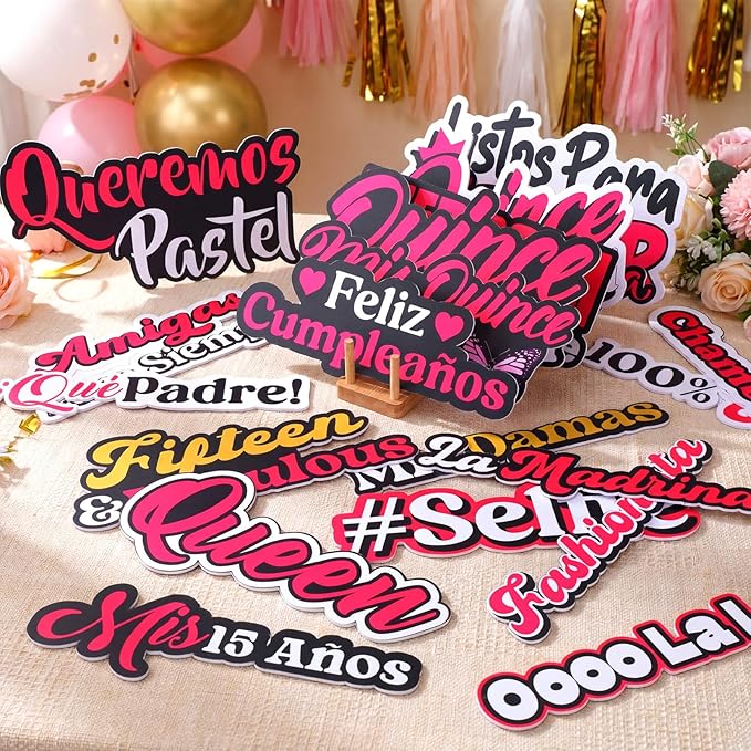 24 Pcs Spanish Quinceanera Photo Booth Props 15th Birthday Parties Decorations Single Sided 11.8" Mis Quince Anos DIY Water Proof Selfie Signs PVC Printing Photo Props for Decorations