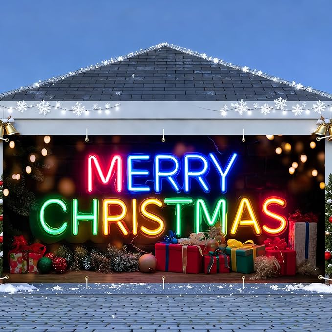 Colorful Neon Merry Christmas Garage Door Banner 7x16FT, Bright Holiday Sign for Xmas, Outdoor Decoration for Garage Doors, Large Garage Cover for Christma