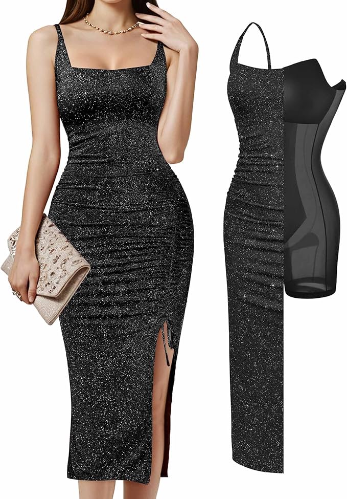 Popilush Shapewear Midi Dress Women's Sparkly Formal Wedding Guest Cocktail Dresses Fall Square Neck Ruched Dress Side Slit