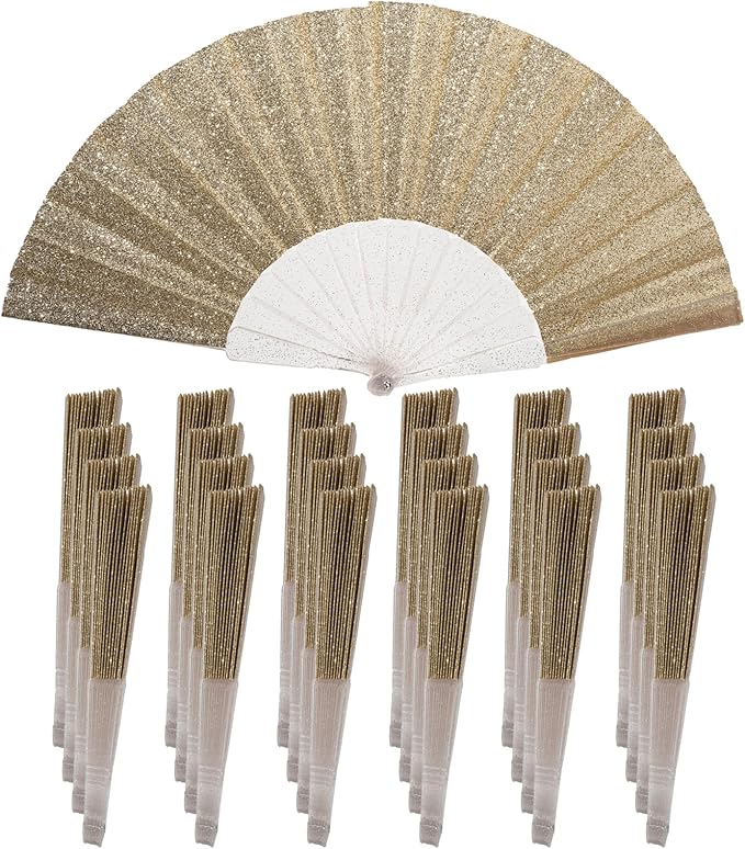 24 Pack Handheld Fan,Folding Hand Glitter Fan with Shining Transparent Fan Rib – Ideal for Wedding, Church, Festival, Dance, Tea Party, Club, and EDM Accessories, Light Gold