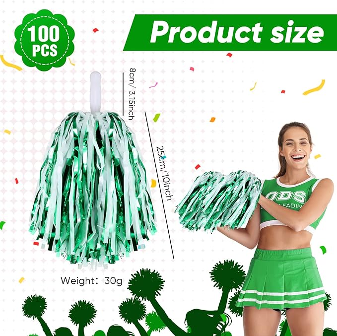 Hanaive 100Pcs Metallic Cheerleading Pom Poms with Baton Handle Cheerleader Pompom Foil 30g Cheering Squad Hand Flowers for Adults Team Spirit Sports Party Cheering