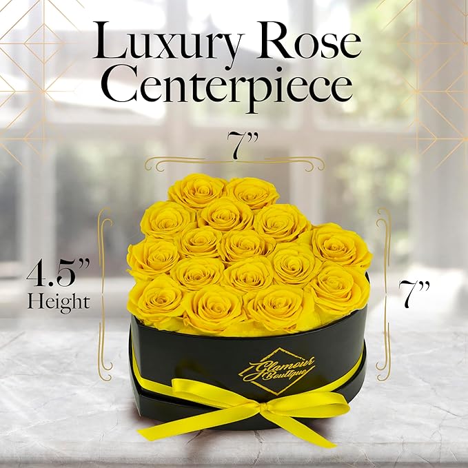 GLAMOUR BOUTIQUE 16 Flower Forever Heart Shape Box, Eternal Preserved Roses Gift for Her, Lasting Flowers, Romantic Floral Keepsake for Birthday, Anniversary or Valentine’s Day, Yellow (Color-Treated)