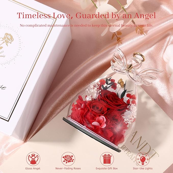 Birthday Gifts for Women Mom Preserved Roses in Glass Angel Figurines Fresh Flowers for Delivery Forever Flowers Eternal Rose Valentines for Grandma Sister Wife Her from Daughter