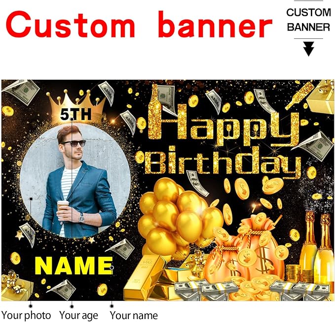 Custom Dollar Money Black and Gold Happy Birthday Party Decorations Supplies Personalized Dollar Money Black and Gold Birthday Backdrop Banner(5x7.5ft)