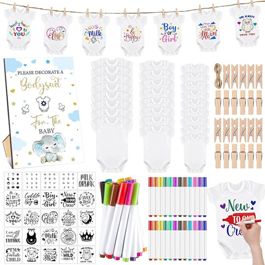 Panitay 126 Pcs Baby Shower DIY Bodysuit Set Bib 25 Blank White Newborn Bodysuit 25 Stencils 24 Marker 1 Sign 50 Pins(Blue Elephant)
