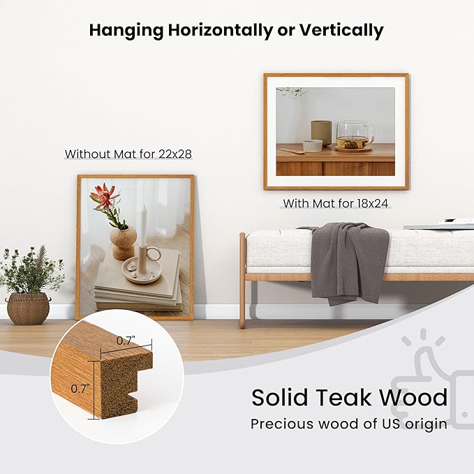 22x28 Picture Frame with Mat for 18x24 - Solid Teak Wood Poster Frame with Tempered Glass, Wooden 22''x28'' Minimalist Photo Frame Puzzle Frame with Hooks for Art Photo and Prints, Natural Teak