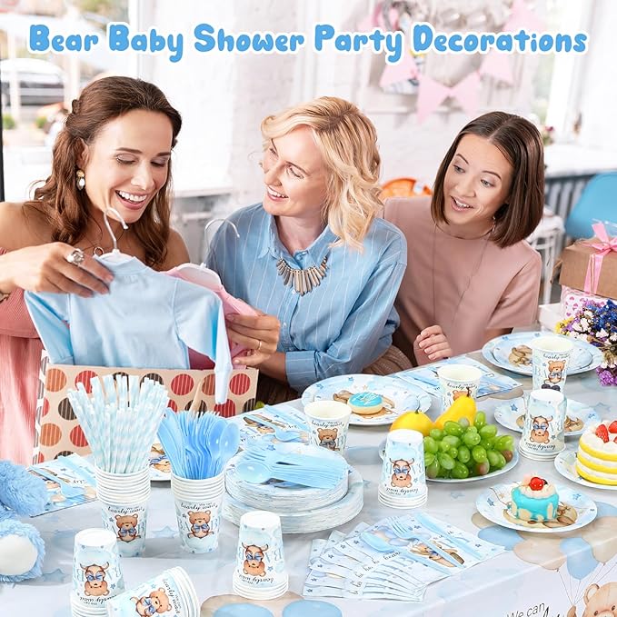 452 Pcs We Can Bearly Wait Baby Shower Decorations, Blue Bear Paper Plates Napkins Cups Tablecloth Cutlery Straws for Blue Baby Shower Gender Reveal Birthday Party Supplies, Serves 50