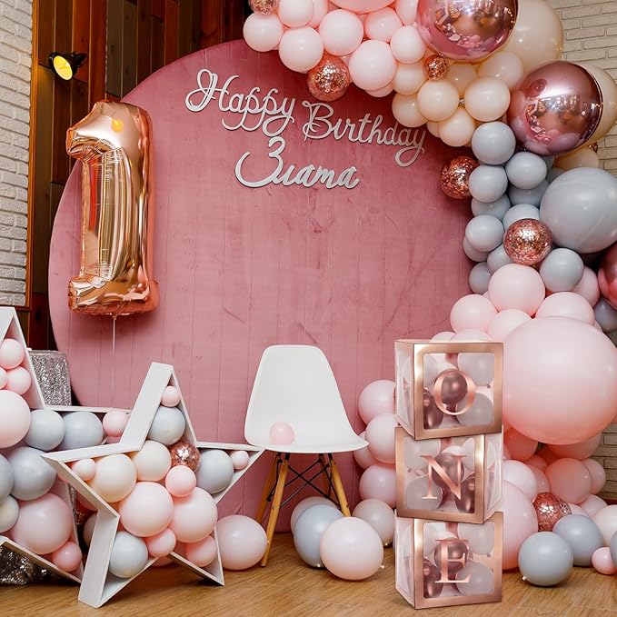 Thyle 12 Pcs Transparent Balloon Boxes Clear Balloon Boxes with 99 Letters for Baby Shower Gender Reveal Grad Birthday Party Bridal Wedding Anniversary Backdrop Decoration (Rose Gold)