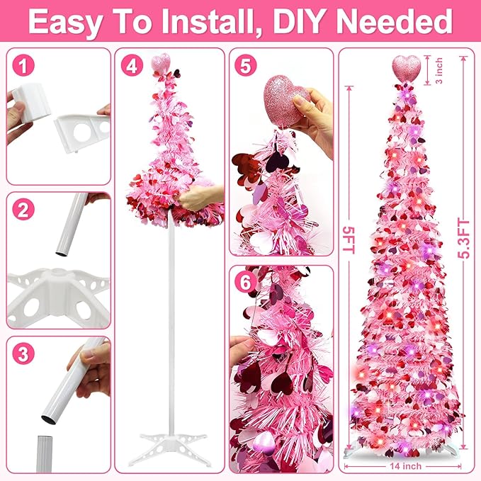 Valentines Day Decorations 5Ft Pink Valentines Christmas Tree with Lights Timer Battery Operated Pop Up Artificial Tree with Heart Ornaments, Heart Topper Decorations for Indoor Home Outdoor Office