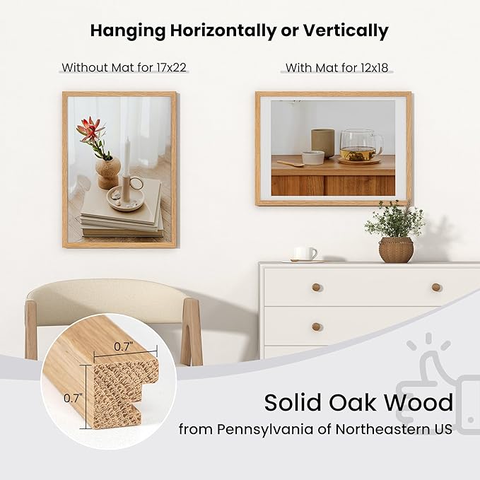 Axeman 17x22 Picture frame with mat for 12x18, Tempered Glass and Hanging Hardware Included Natural Oak Home Decor Art Hanging Frame, Natural Oak