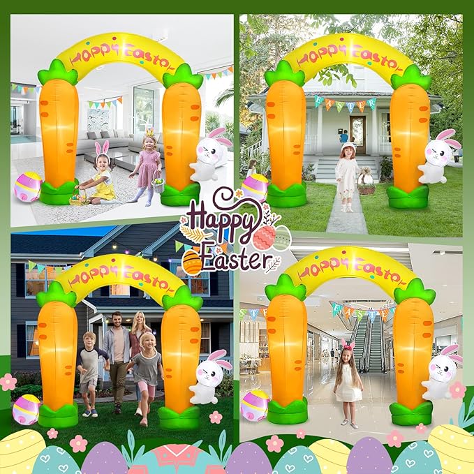 MICOCAH 9FT Long Easter Inflatables Archway Outdoor Decorations, Easter Inflatable Bunny Carrot Arch with Colorful Egg Built-in LEDs Blow Up Yard Decoration for Easter Decor Holiday Party Garden Lawn
