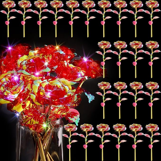 Lyrow 24 Pcs Valentines Galaxy Rose LED Light up Rose Flower Gifts Crystal Artificial Rainbow Flower for Valentine Lover Girlfriend Mom Her Mother's Day Birthday Wedding Gift, 9.84 Inches (Red)